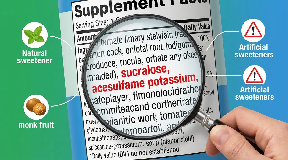 Magnifying glass highlighting artificial sweeteners sucralose and acesulfame potassium on a protein powder ingredient label