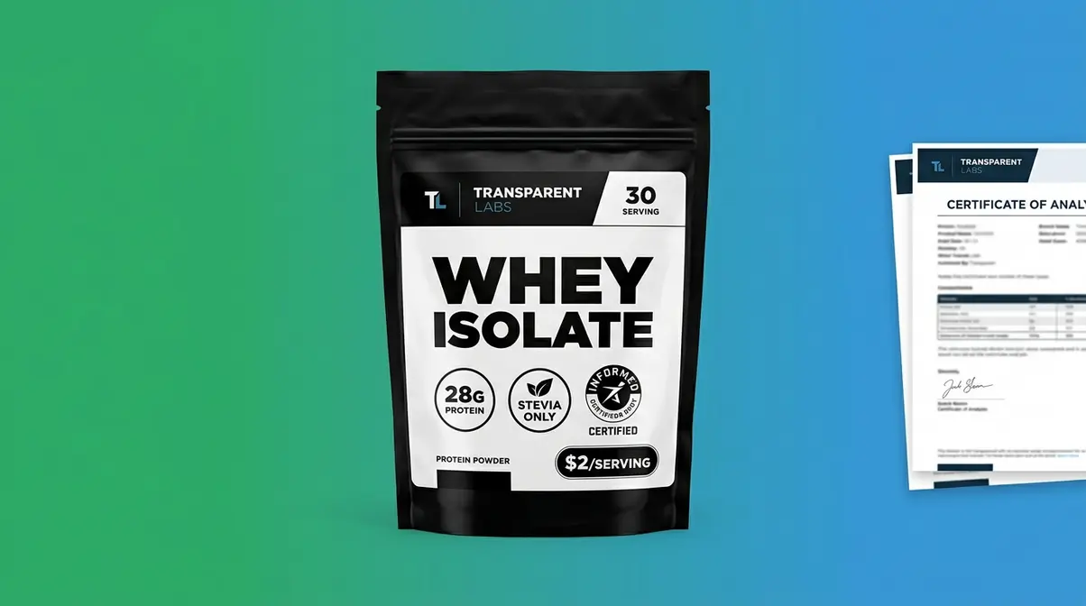 Transparent Labs Whey Isolate protein container with 28g protein per serving and Informed Sport certification