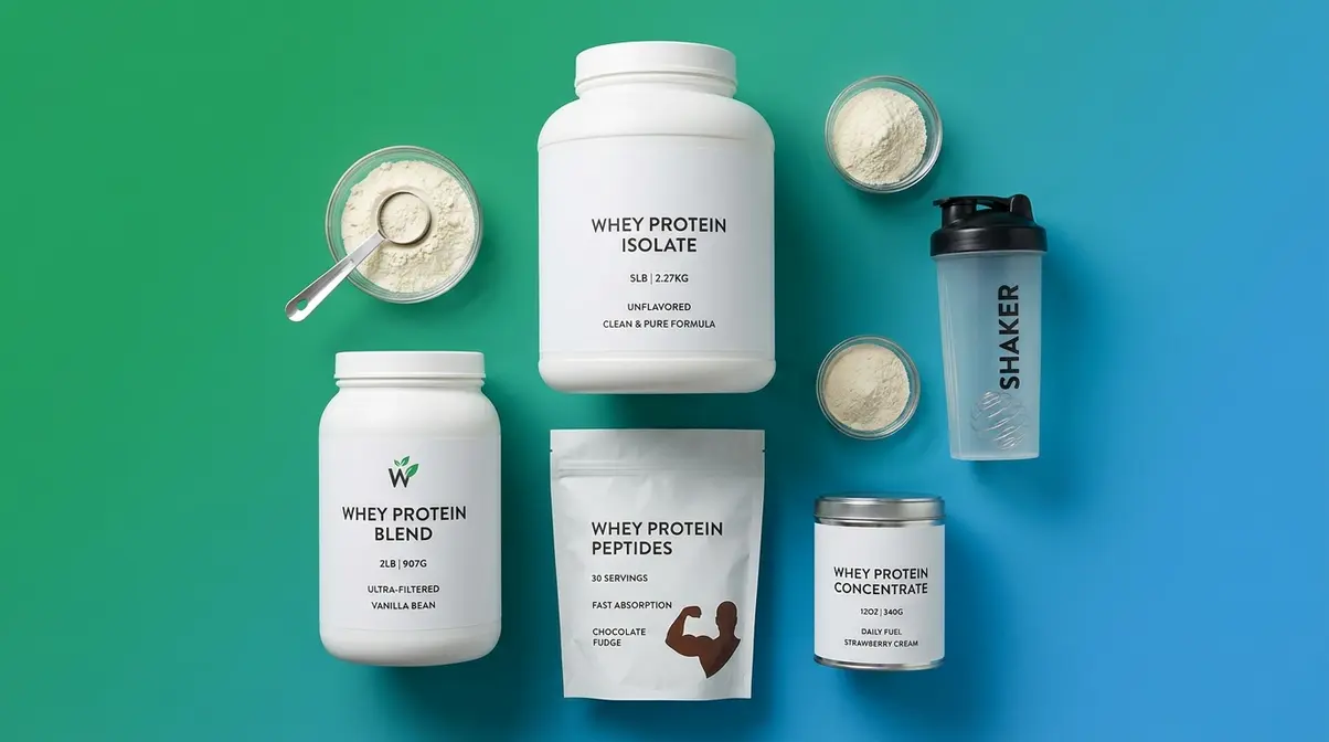 Four whey protein powder containers without artificial sweeteners arranged on gradient green-blue background