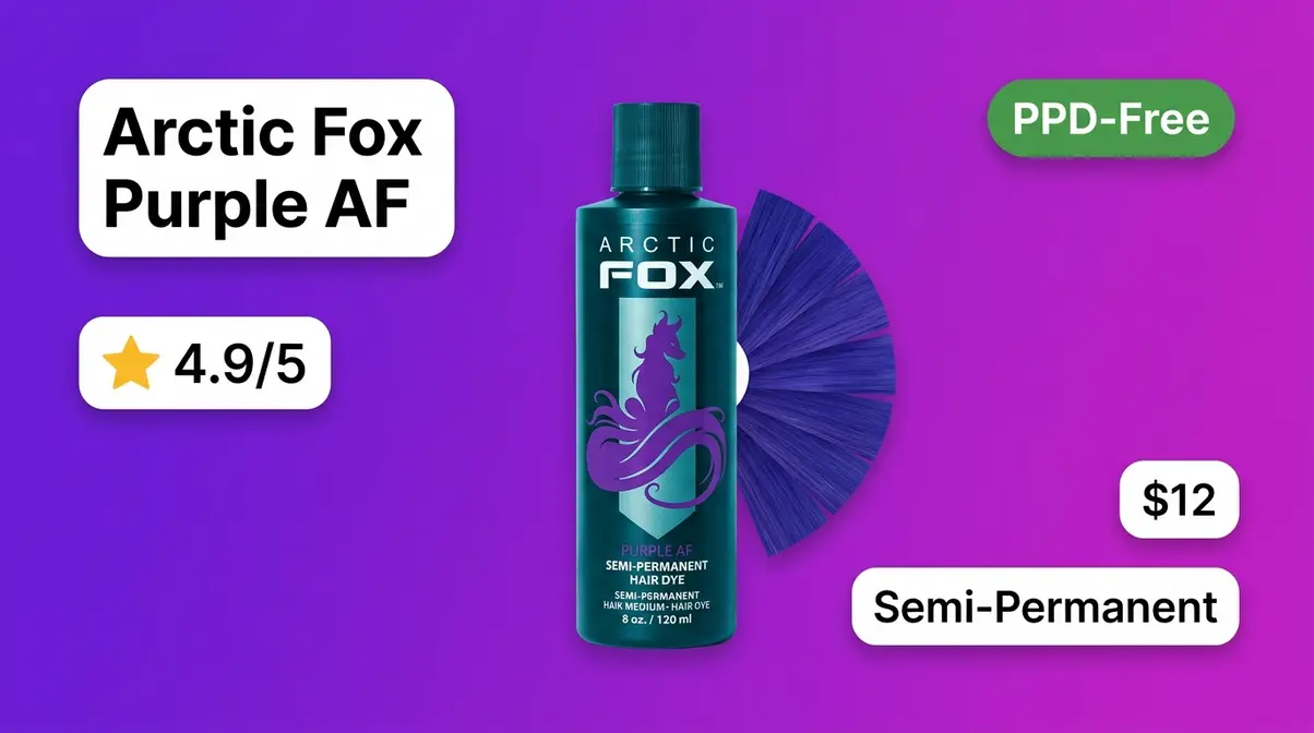 Arctic Fox Purple AF semi-permanent purple hair dye bottle with color swatch