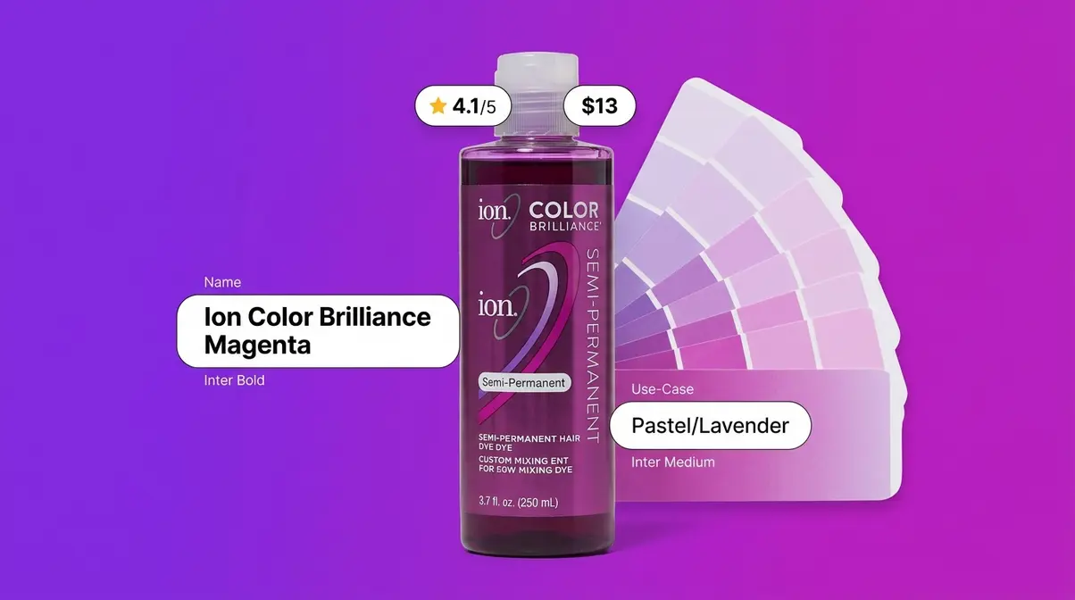 Ion Color Brilliance Magenta semi-permanent hair dye bottle with pastel lavender color swatches