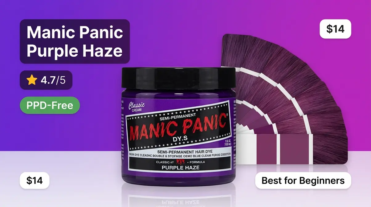 Manic Panic Purple Haze semi-permanent hair dye tub with warm violet color swatch