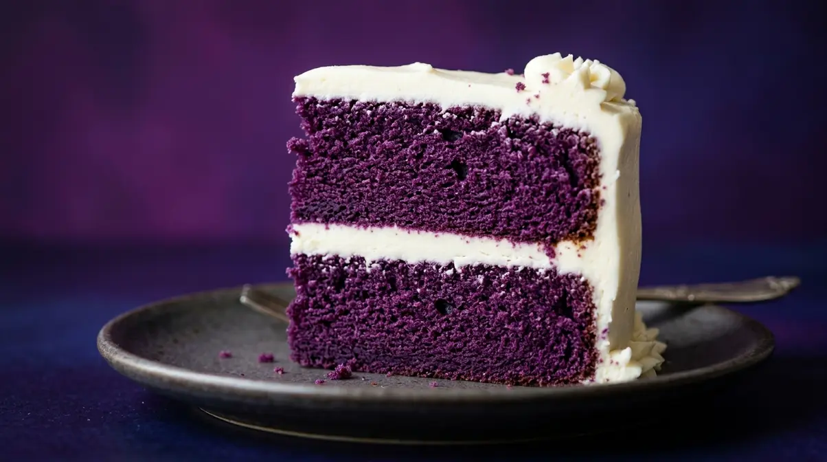 Purple Velvet Cake Recipe: Moist, Easy &Amp; Step-By-Step 4 Purple velvet cake cross-section showing vibrant jewel-toned purple cake layers with white cream cheese frosting between them