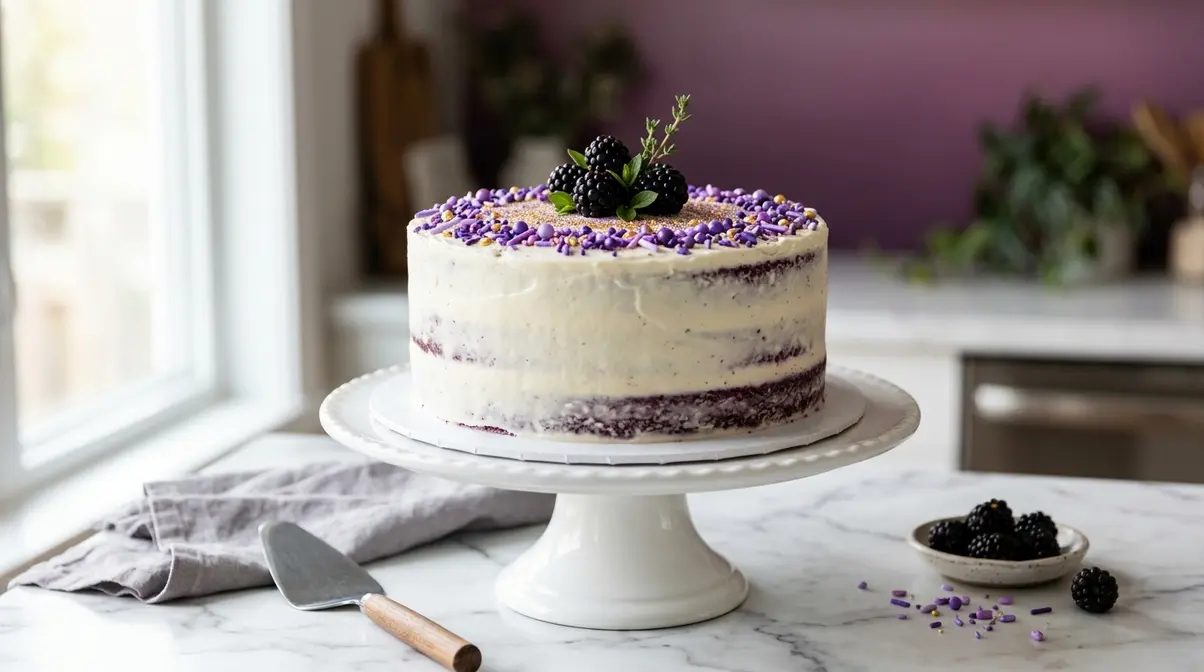Purple Velvet Cake Recipe: Moist, Easy &Amp; Step-By-Step 9 Fully decorated purple velvet cake on white stand with cream cheese frosting purple sprinkles and fresh blackberries