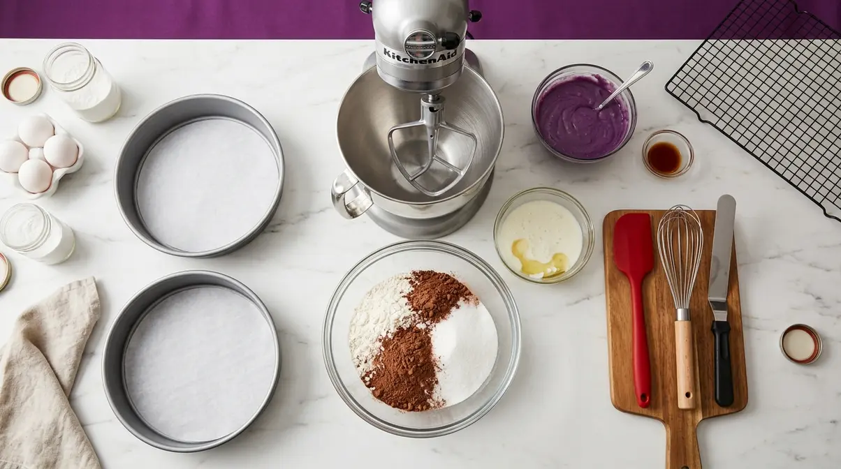 Purple Velvet Cake Recipe: Moist, Easy &Amp; Step-By-Step 2 Purple velvet cake baking equipment including two round cake pans stand mixer and cooling rack on marble counter