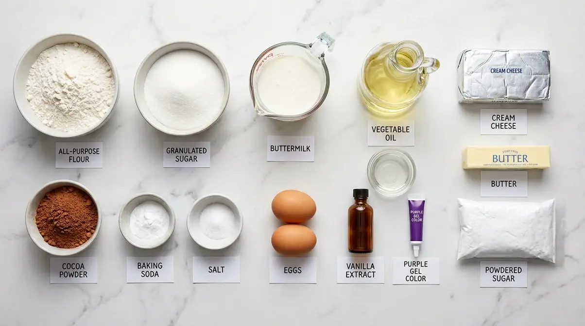 Purple Velvet Cake Recipe: Moist, Easy &Amp; Step-By-Step 3 All purple velvet cake recipe ingredients arranged in flat-lay on white marble surface with labels