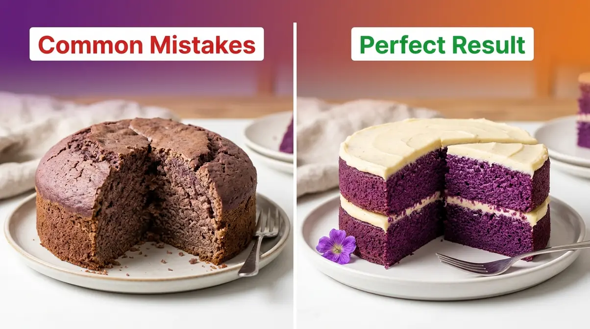 Purple Velvet Cake Recipe: Moist, Easy &Amp; Step-By-Step 11 Side-by-side comparison showing common purple velvet cake baking mistakes versus a perfectly baked vibrant result