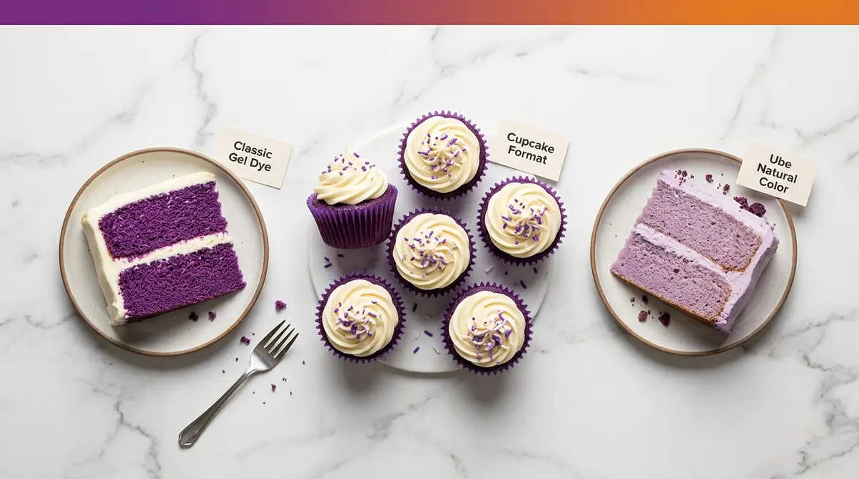 Purple Velvet Cake Recipe: Moist, Easy &Amp; Step-By-Step 6 Three purple velvet cake variations including classic gel dye version cupcakes and ube natural color version on marble surface