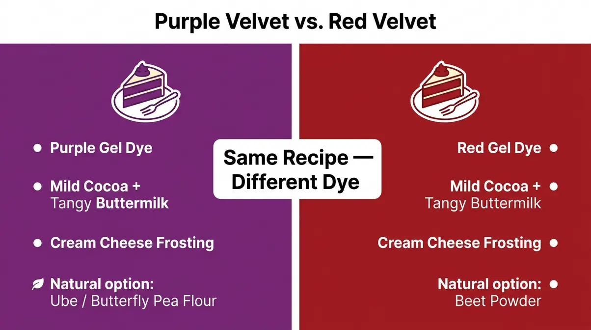 Purple Velvet Cake Recipe: Moist, Easy &Amp; Step-By-Step 5 Side-by-side infographic comparing purple velvet cake and red velvet cake flavor notes and coloring methods