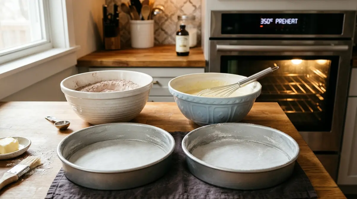 Purple Velvet Cake Recipe: Moist, Easy &Amp; Step-By-Step 7 Purple velvet cake step one setup showing parchment-lined cake pans preheated oven and two bowls of measured ingredients