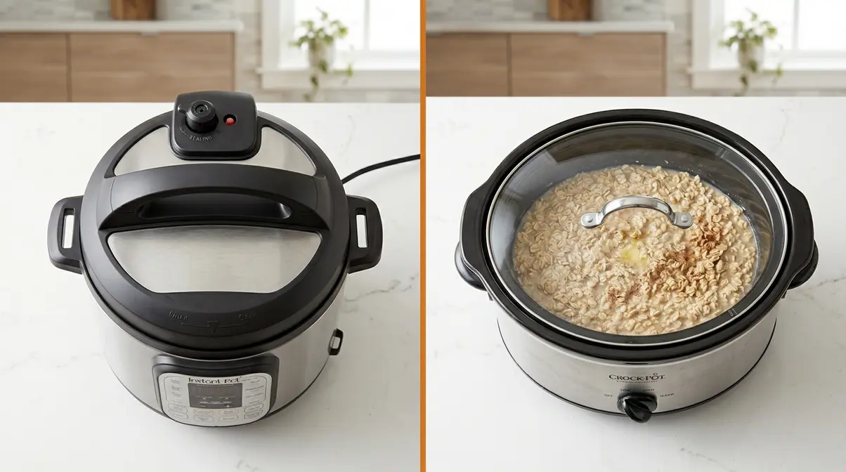 Instant Pot pressure cooker and slow cooker side by side for batch cooking steel cut oats