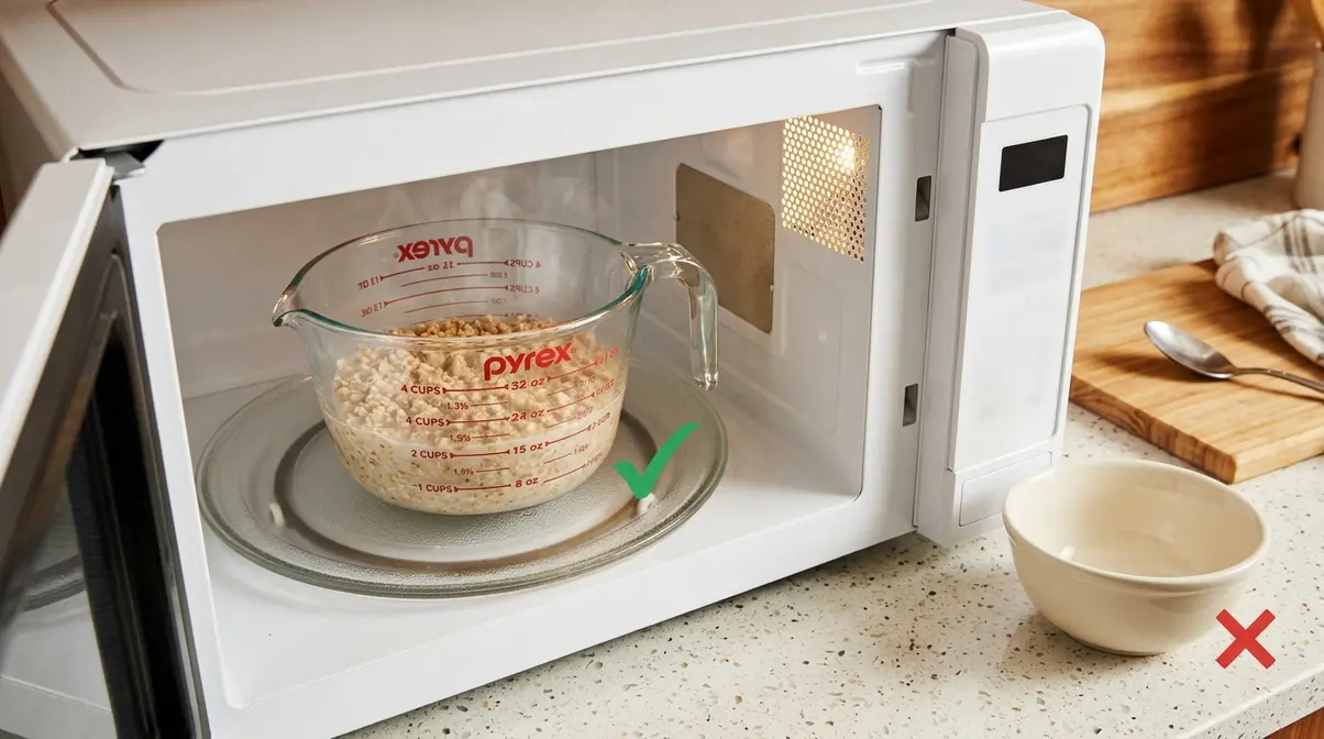 Large four-cup microwave-safe bowl used to cook steel cut oats preventing boil-over