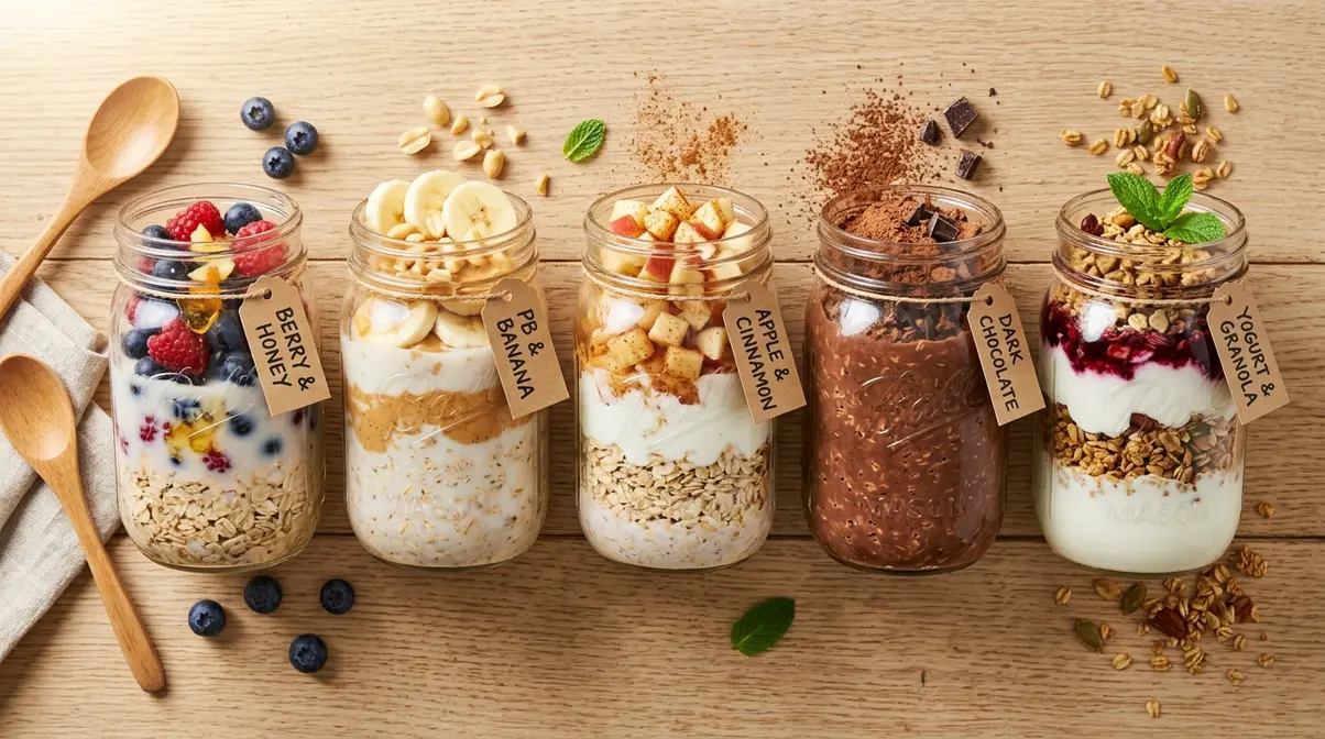 Five mason jars of overnight quick cook steel cut oats showing different flavor variations for weekly meal prep