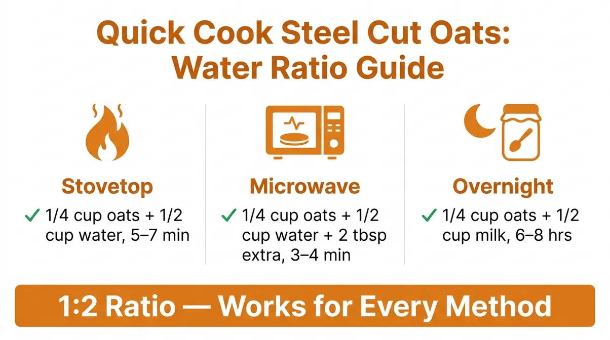 Quick cook steel cut oats water ratio cheat sheet showing 1:2 ratio for stovetop, microwave, and overnight