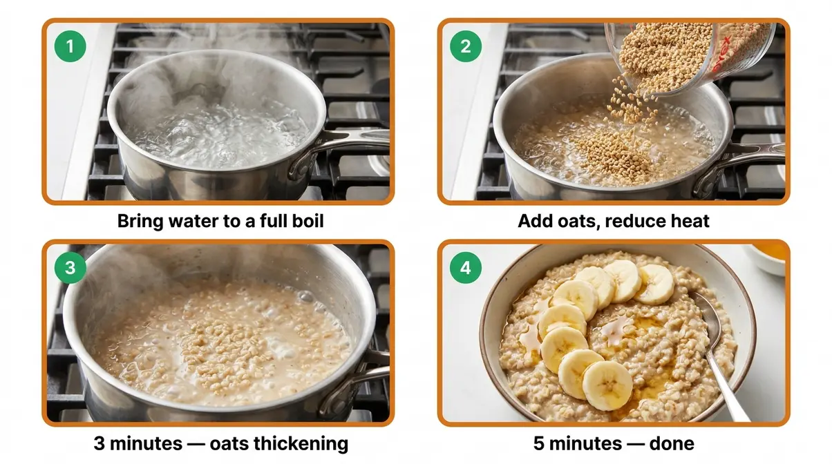 Step-by-step stovetop cooking of quick cook steel cut oats in 5 minutes