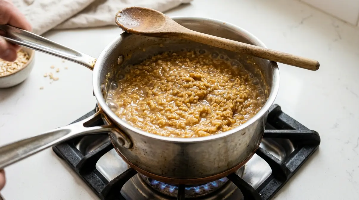 Steel cut oats simmering in small saucepan on stovetop after five minutes of cooking