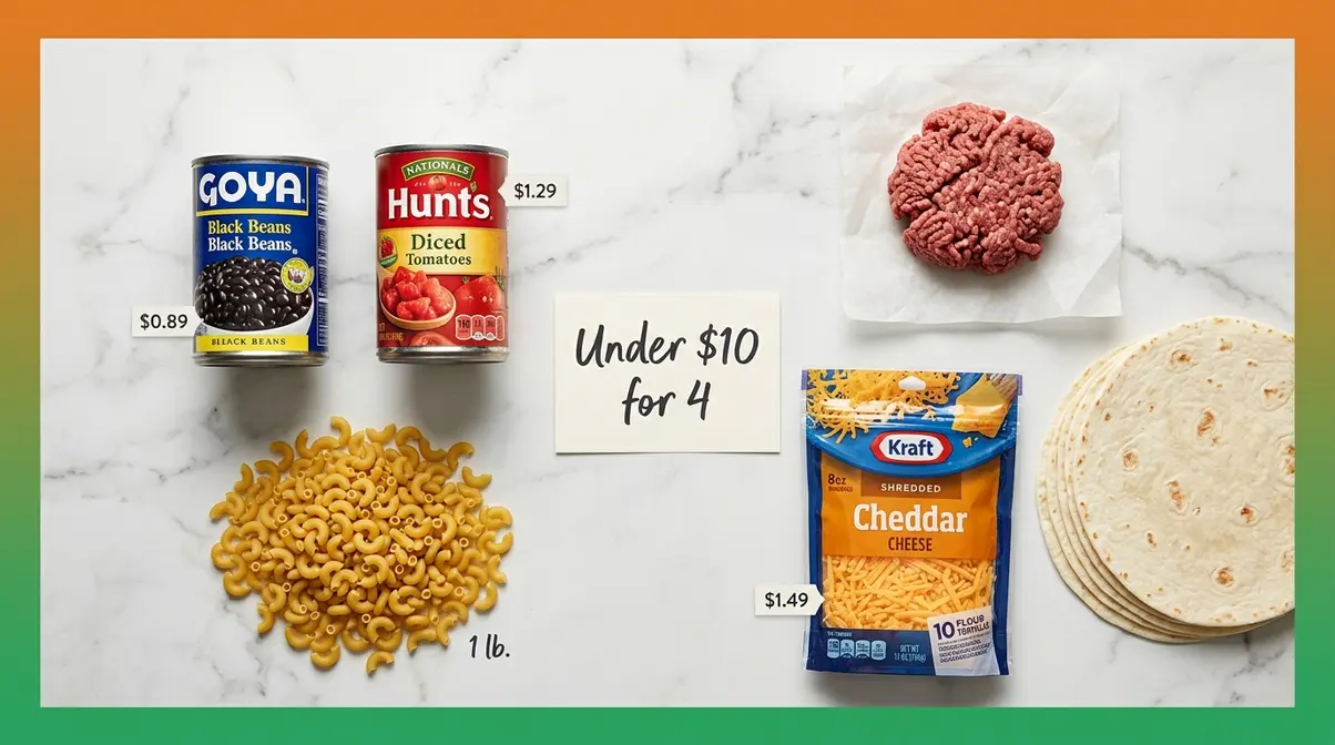 45 Quick Dinner Ideas For Kids That Actually Get Eaten 6 Budget dinner ingredients including canned beans, pasta, ground beef, and tortillas for family meals under ten dollars