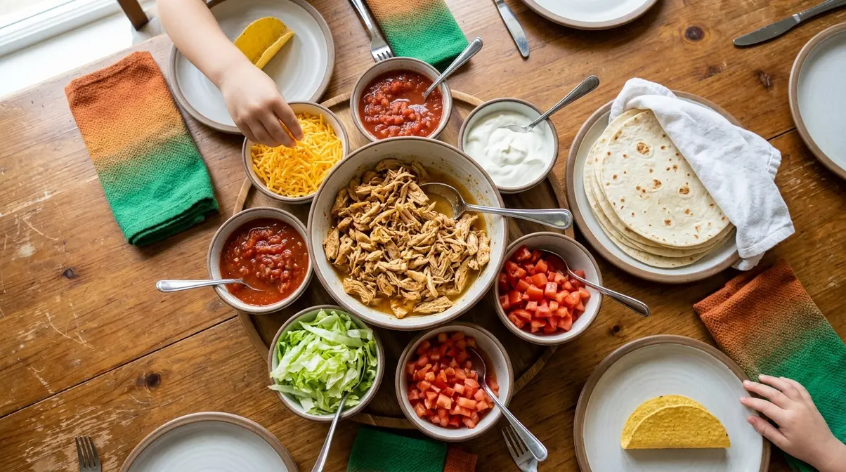 45 Quick Dinner Ideas For Kids That Actually Get Eaten 4 DIY taco bar dinner setup for picky eater kids with separate topping bowls and flour tortillas on family table