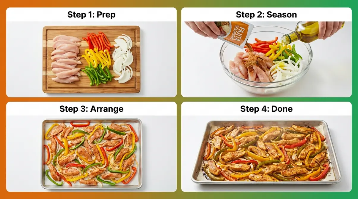 45 Quick Dinner Ideas For Kids That Actually Get Eaten 3 Quick dinner ideas for kids: sheet pan fajitas with chicken, bell peppers, and seasoning on one baking tray