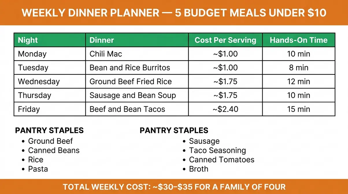45 Quick Dinner Ideas For Kids That Actually Get Eaten 7 Printable weekly dinner planner for families showing 5 budget meals under $10 with cost per serving