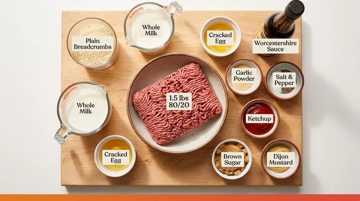 Quick Easy Meatloaf Recipe: Juicy Loaf In 55 Minutes 1 Quick easy meatloaf recipe ingredients including ground beef, breadcrumbs, milk, egg, and Worcestershire sauce on a cutting board