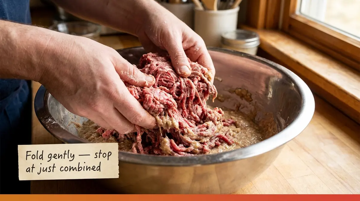 Quick Easy Meatloaf Recipe: Juicy Loaf In 55 Minutes 3 Hands gently folding ground beef into panade mixture for a quick easy meatloaf recipe showing just-combined texture