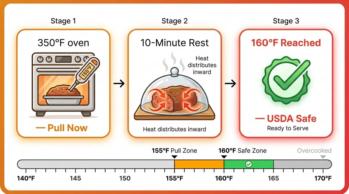 Quick Easy Meatloaf Recipe: Juicy Loaf In 55 Minutes 7 Meatloaf internal temperature guide showing pull at 155°F and rest to 160°F with carryover cooking illustrated