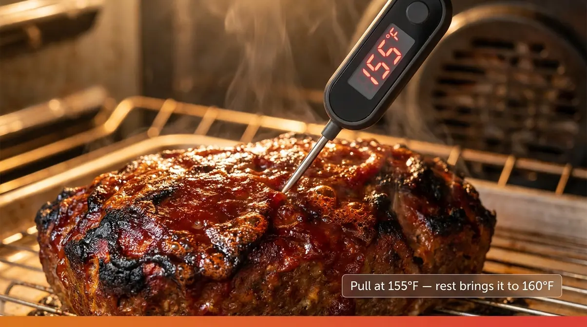Quick Easy Meatloaf Recipe: Juicy Loaf In 55 Minutes 5 Instant-read thermometer inserted into center of baking meatloaf showing 155°F internal temperature for food safety