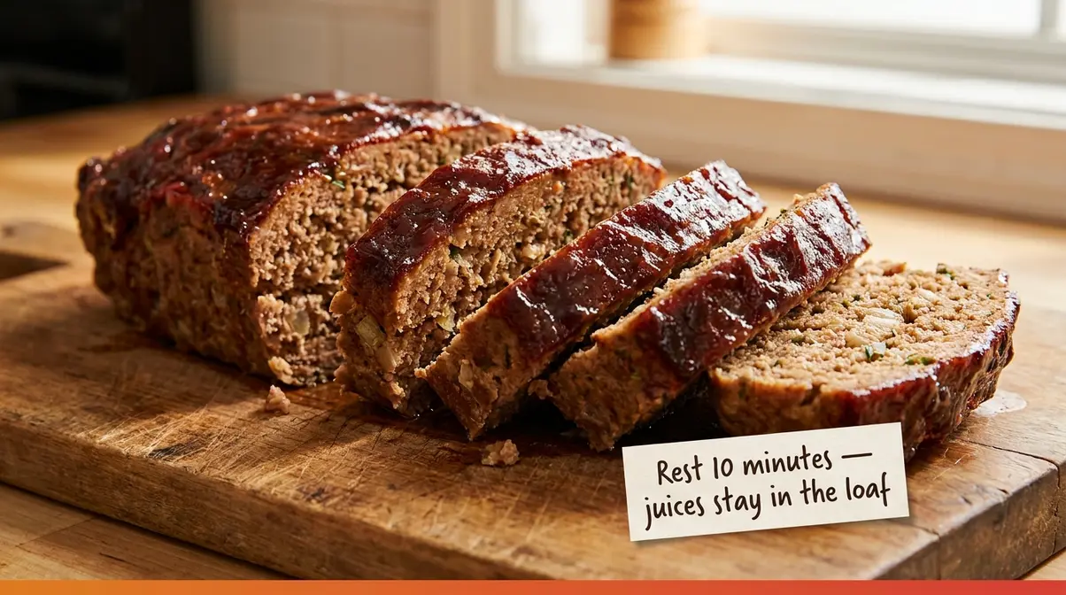 Quick Easy Meatloaf Recipe: Juicy Loaf In 55 Minutes 6 Sliced meatloaf on wooden cutting board showing moist uniform interior texture after resting ten minutes