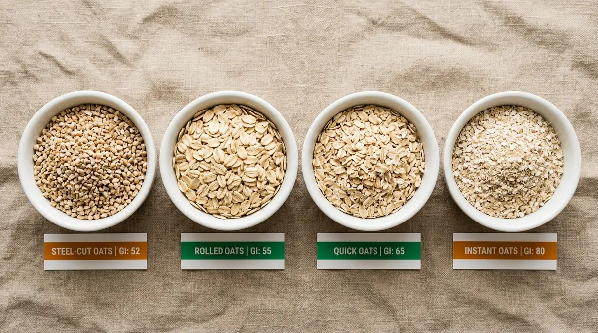 Quick Oats Vs Rolled Oats: Gi, Nutrition &Amp; Kitchen Guide 3 Four oat types side by side: steel-cut, rolled, quick, and instant oats showing texture and processing differences