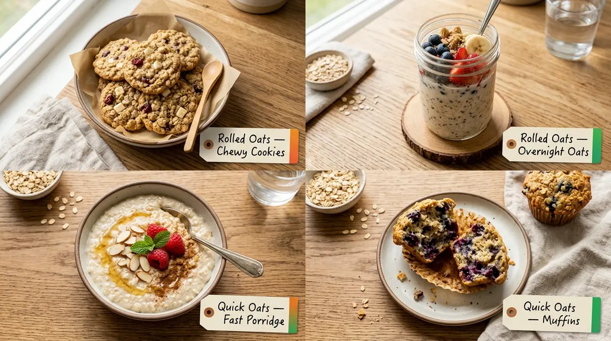 Quick Oats Vs Rolled Oats: Gi, Nutrition &Amp; Kitchen Guide 2 Kitchen uses comparison showing rolled oats for cookies and overnight oats versus quick oats for porridge and muffins