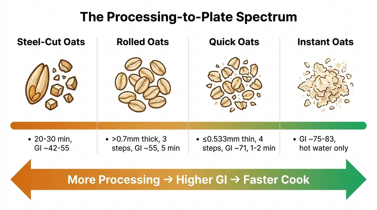 Quick Oats Vs Rolled Oats: Gi, Nutrition &Amp; Kitchen Guide 4 Processing-to-plate spectrum diagram comparing steel-cut, rolled, quick, and instant oats by processing steps and glycemic index