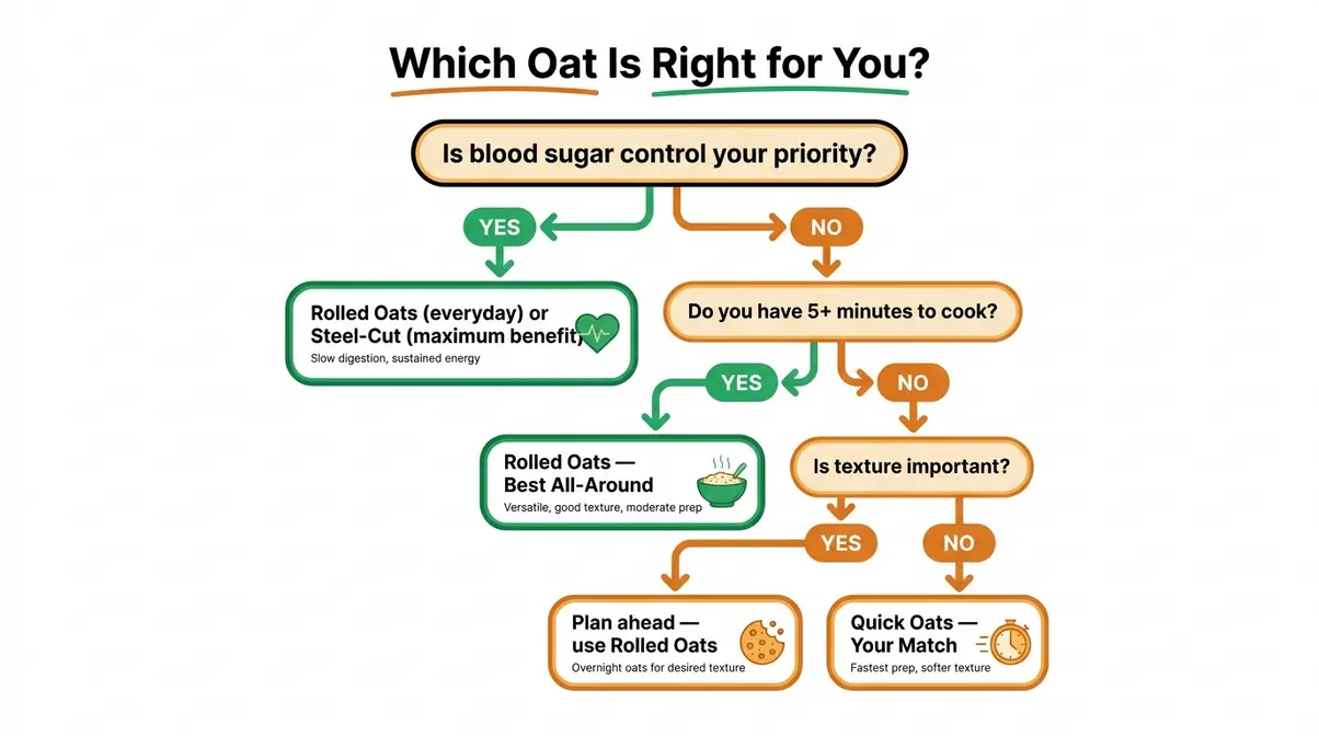 Quick Oats Vs Rolled Oats: Gi, Nutrition &Amp; Kitchen Guide 5 Decision tree flowchart for choosing between quick oats and rolled oats based on health goals, cooking time, and recipe type