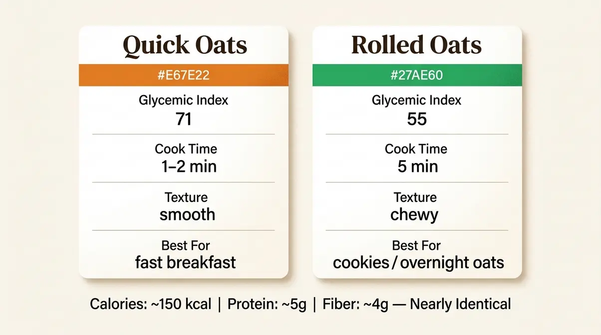 Quick Oats Vs Rolled Oats: Gi, Nutrition &Amp; Kitchen Guide 1 Nutrition comparison chart showing quick oats versus rolled oats glycemic index, calories, and health benefits