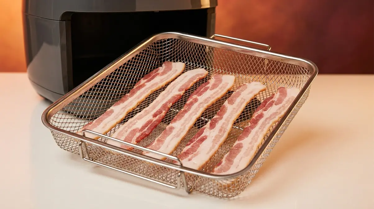 Quick Way To Cook Bacon: 4 Methods For Crispy Results 3 Air fryer basket with bacon strips in a single layer with visible gaps between each strip