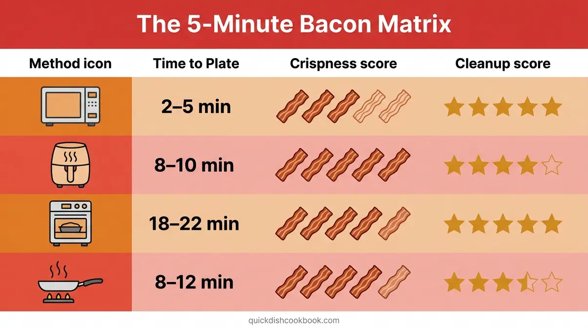 Quick Way To Cook Bacon: 4 Methods For Crispy Results 6 Infographic showing 5-Minute Bacon Matrix comparing microwave, air fryer, oven, and stovetop methods by time, crispness, and cleanup scores