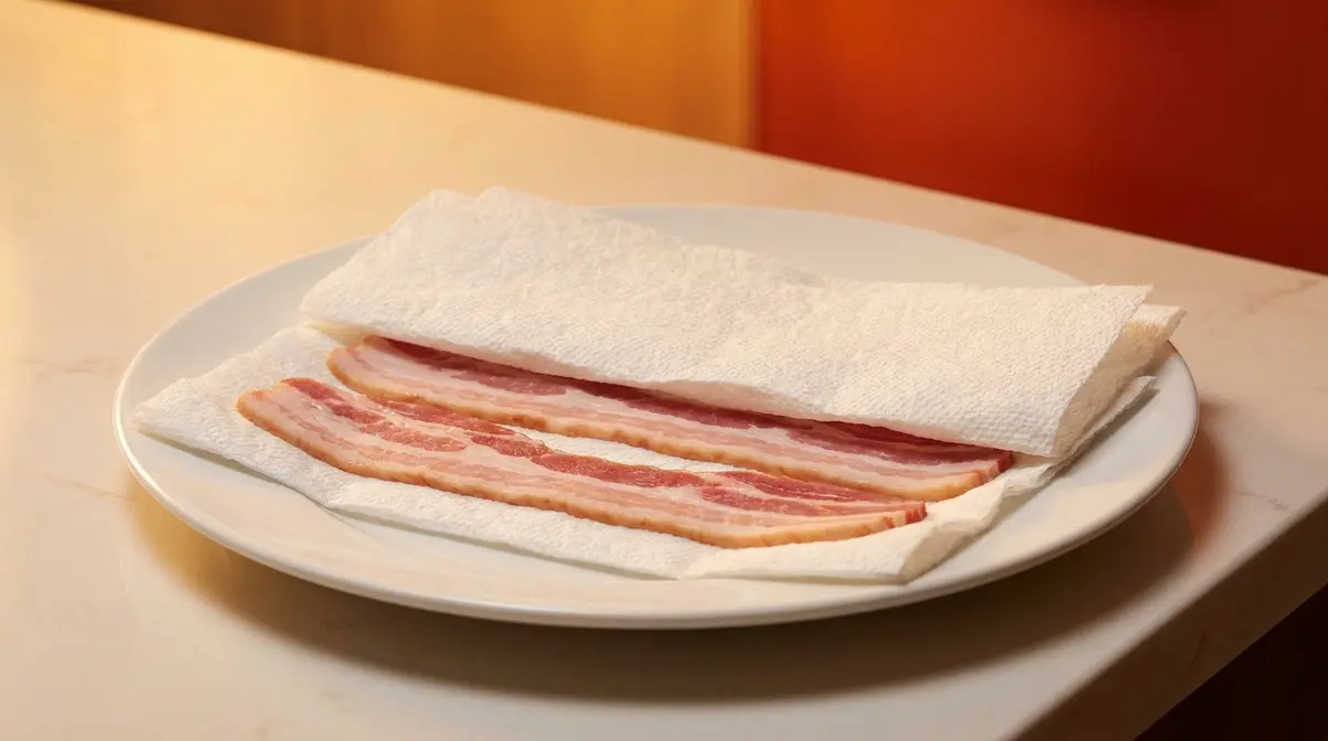 Quick Way To Cook Bacon: 4 Methods For Crispy Results 2 Microwave-safe plate with paper towels layered above and below raw bacon strips ready to cook
