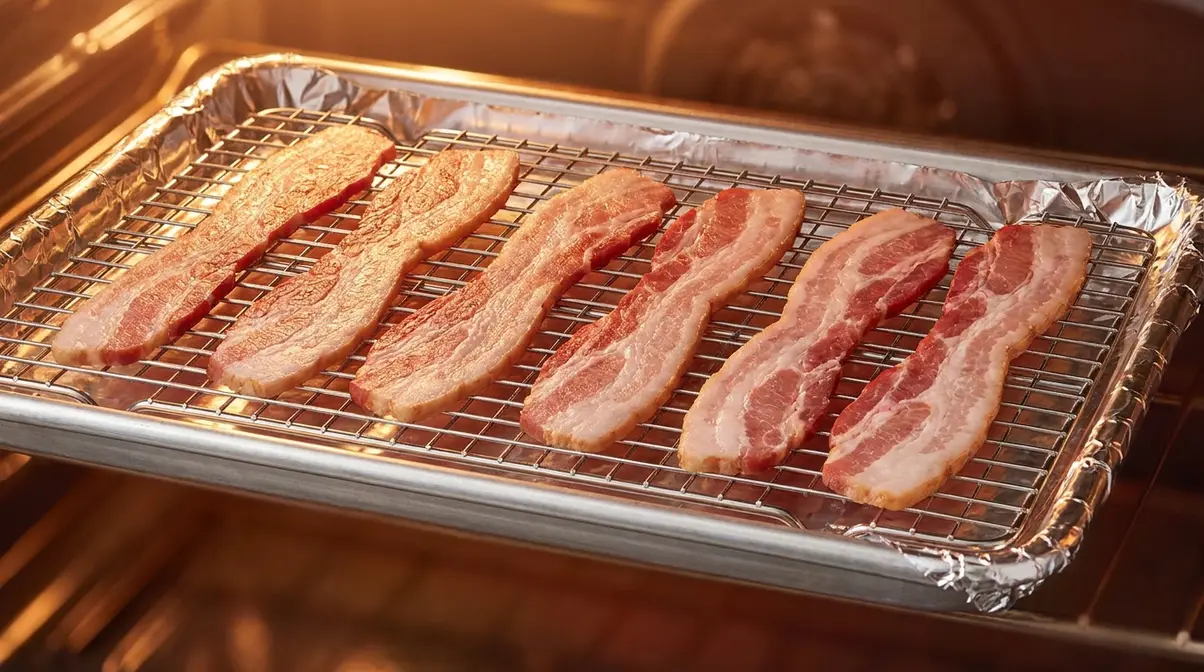 Quick Way To Cook Bacon: 4 Methods For Crispy Results 4 Foil-lined sheet pan with wire rack holding raw bacon strips ready for oven baking