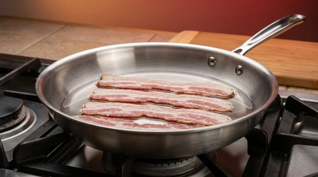 Quick Way To Cook Bacon: 4 Methods For Crispy Results 5 Cold skillet with raw bacon strips and quarter cup of water added for stovetop water method