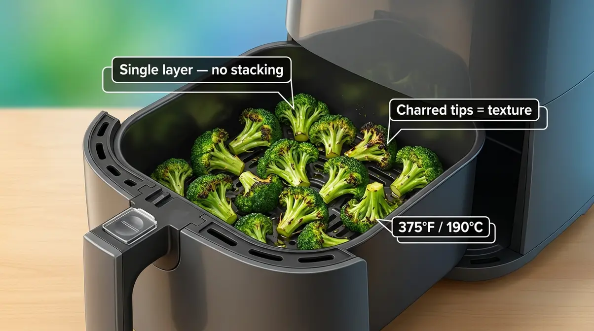 Crispy broccoli florets in an air fryer basket with charred tips in a single layer