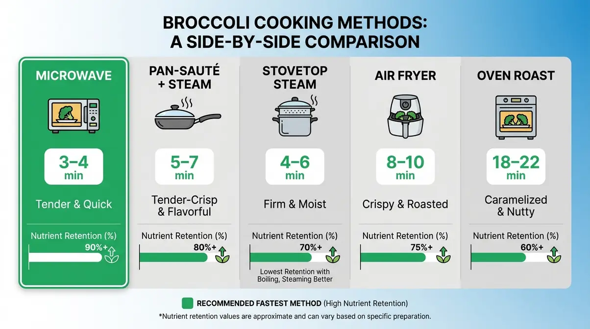 Infographic comparing five broccoli cooking methods by speed, texture, and nutrient retention percentages