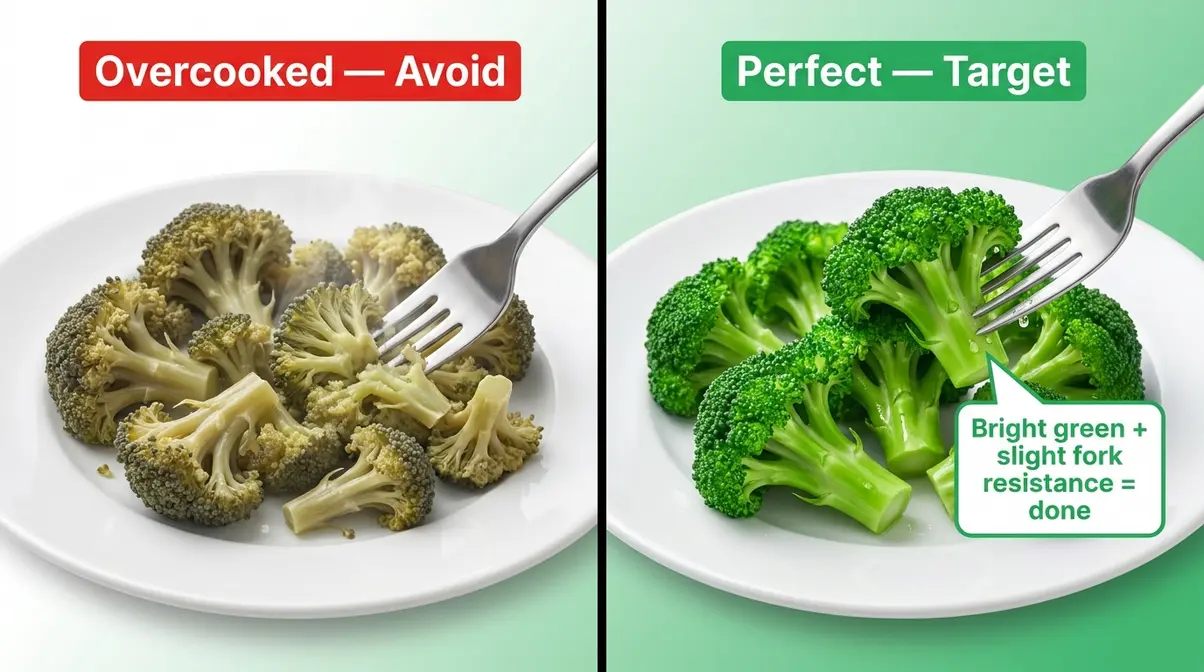 Side-by-side comparison of overcooked grey broccoli versus perfectly cooked bright green crisp-tender broccoli