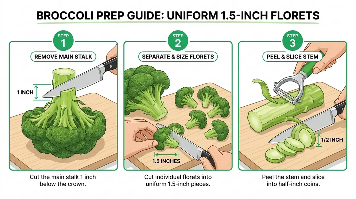 Step-by-step diagram cutting broccoli into uniform 1.5-inch florets and stem coins for even cooking