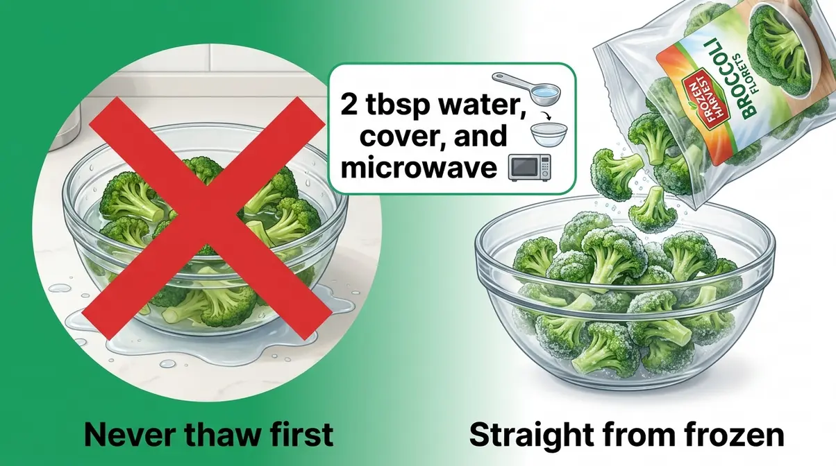 Frozen broccoli florets poured directly into a microwave bowl with a red X over the thawing method