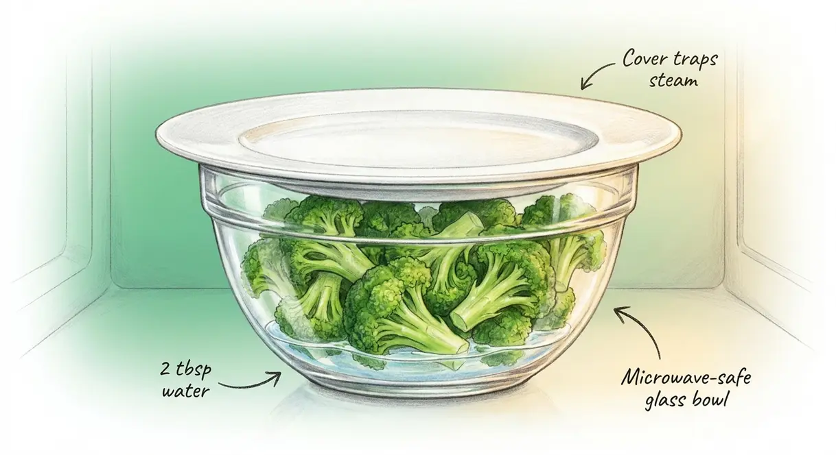 Glass bowl of broccoli florets covered with a plate showing the microwave steam cooking setup