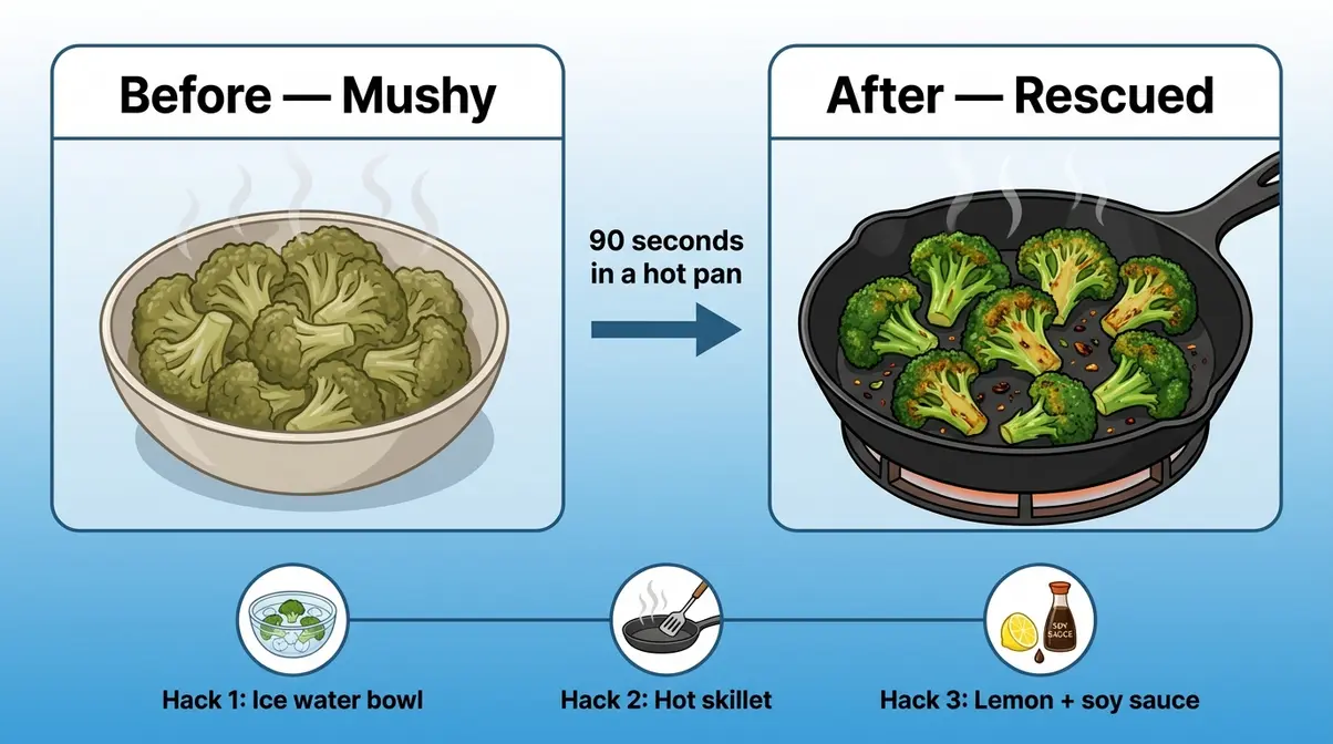 Before-and-after illustration of mushy overcooked broccoli rescued with a high-heat pan caramelization method