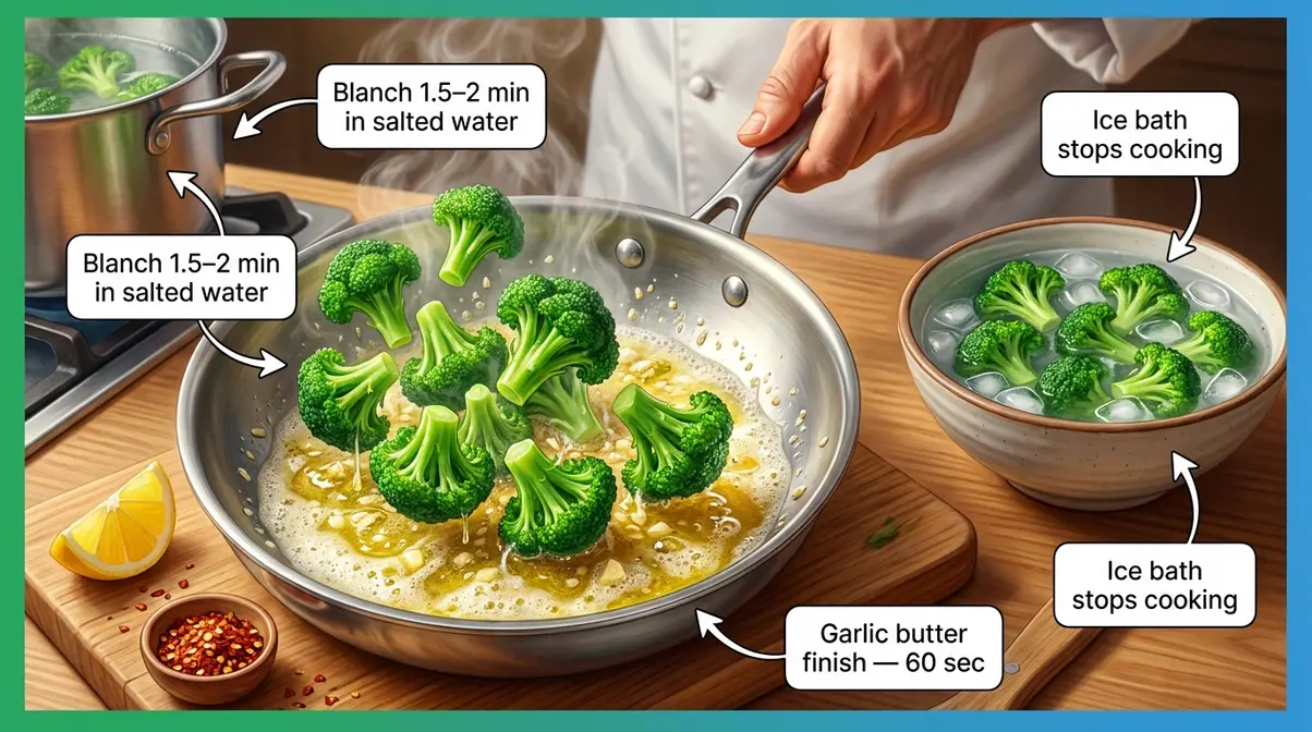 Blanched broccoli florets tossed in garlic butter in a hot skillet with ice bath visible in background