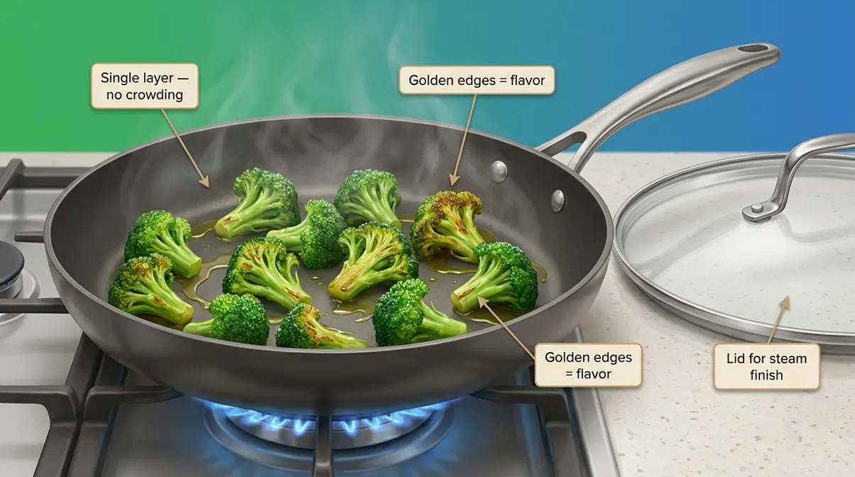 Broccoli florets sautéing in a non-stick skillet with golden edges and a lid ready for steam finish