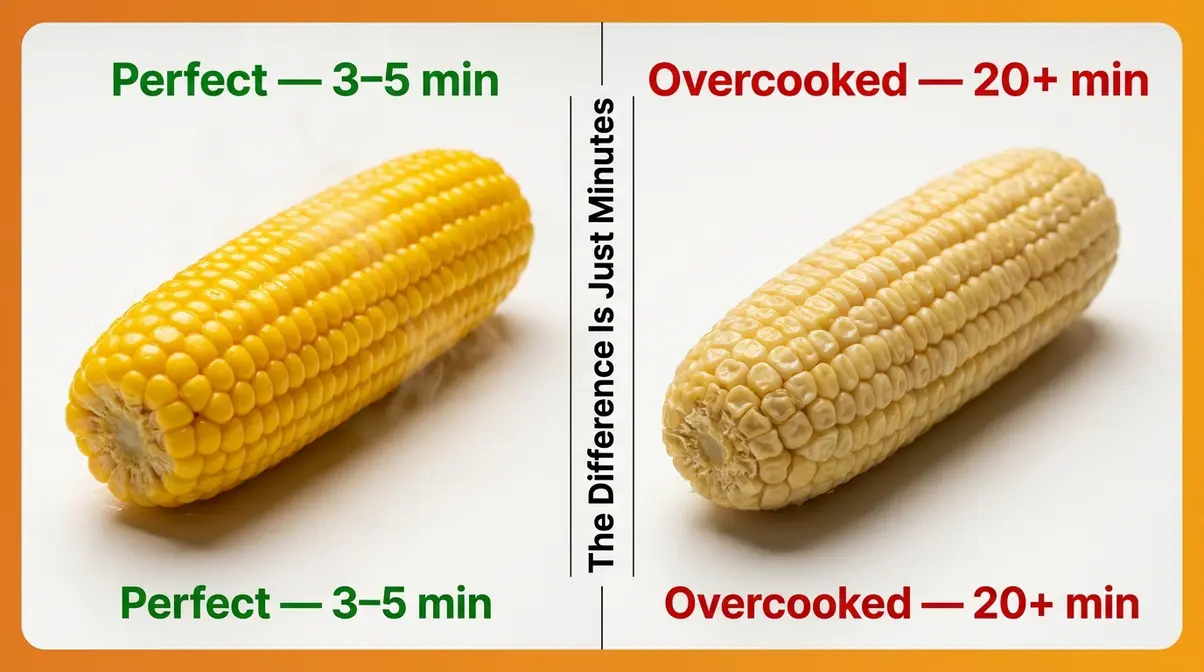 Side-by-side comparison of perfectly cooked bright yellow corn kernels versus overcooked pale wrinkled kernels