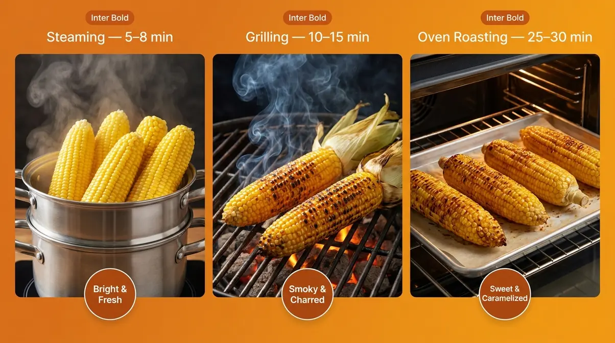 Three-panel image showing steamed corn in pot basket, grilled corn with char marks, and oven-roasted corn on baking sheet